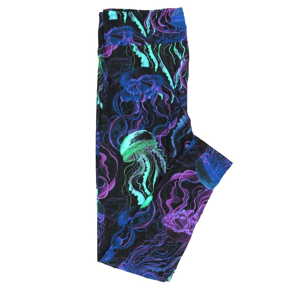 LuLaRoe Tall Curvy TC Jellyfish Black Blue Purple White Leggings fits Adult Women sizes 12-18 7401-Y2