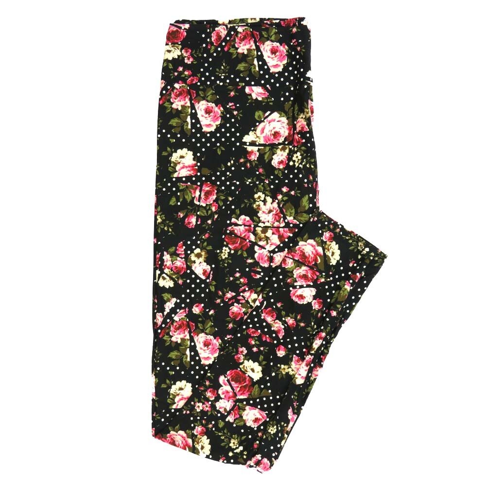 LuLaRoe Tall Curvy TC Roses Polka Dot Black White Pink Green Leggings fits Adult Women sizes 12-18 7424-E4