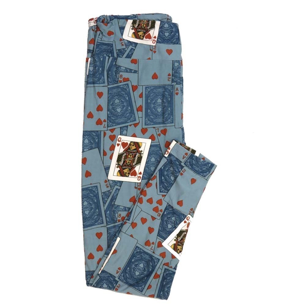 LuLaRoe Tall Curvy TC Valentines Queen of Hearts Playing Cards Turquoise Red White TC-7065-V Buttery Soft Leggings fits Adult Women sizes 12-18