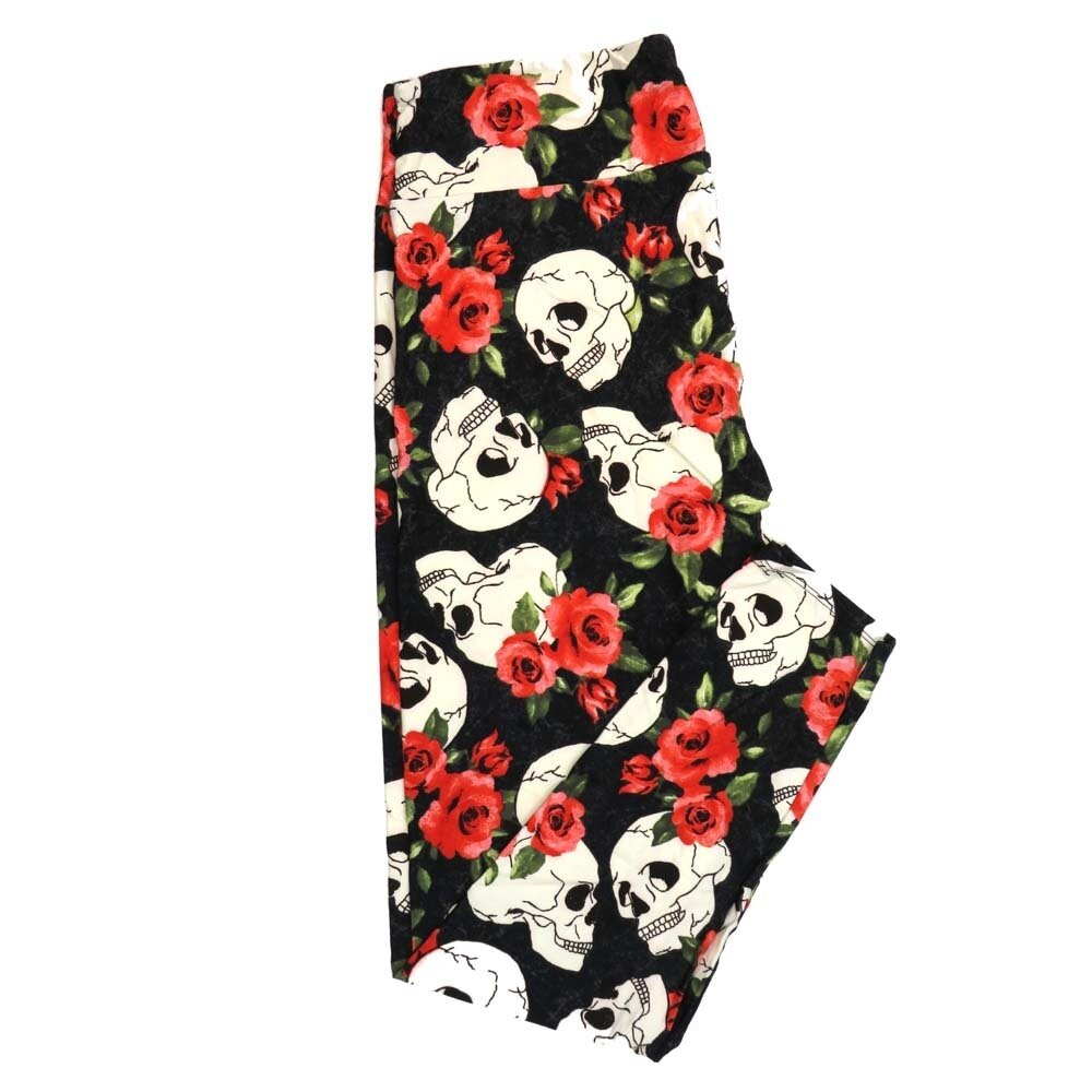 LuLaRoe Tall Curvy (TC) Halloween Skulls and Roses Black White Red Green Buttery Soft Leggings 7092-A17 fits Adult Women sizes 12-18