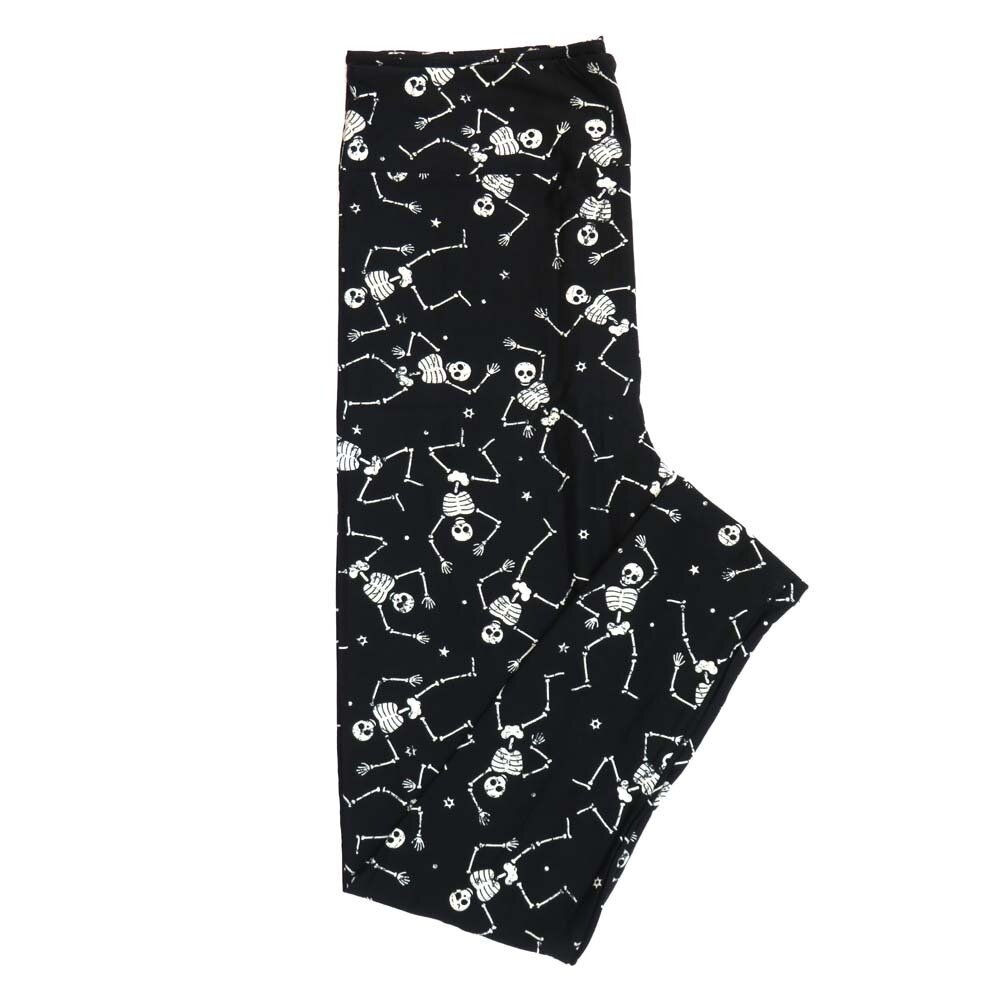 LuLaRoe Tall Curvy (TC) Halloween Skeletons Dancing Waving Stars Black White Polka Dot Buttery Soft Leggings 7092-B15 fits Adult Women sizes 12-18