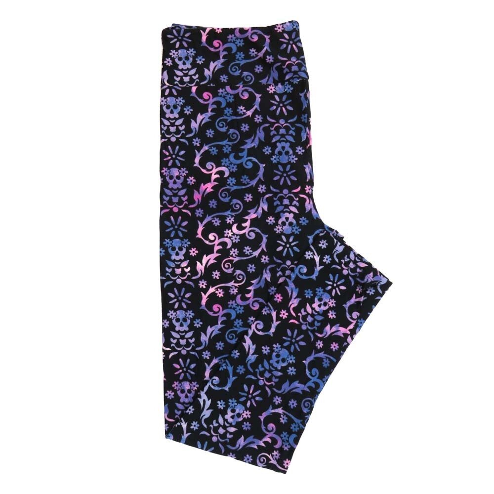 LuLaRoe Tall Curvy (TC) Halloween Skulls Ornate Black Purple Blue Pink Buttery Soft Leggings 7094-A17 fits Adult Women sizes 12-18