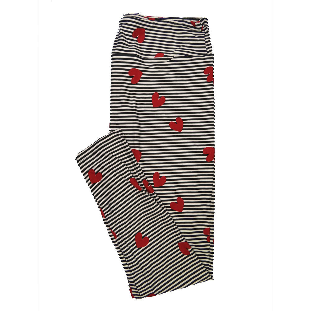LuLaRoe Tall Curvy TC Black White Stripe with Red Hearts Buttery Soft Leggings fits Adult Women sizes 12-18