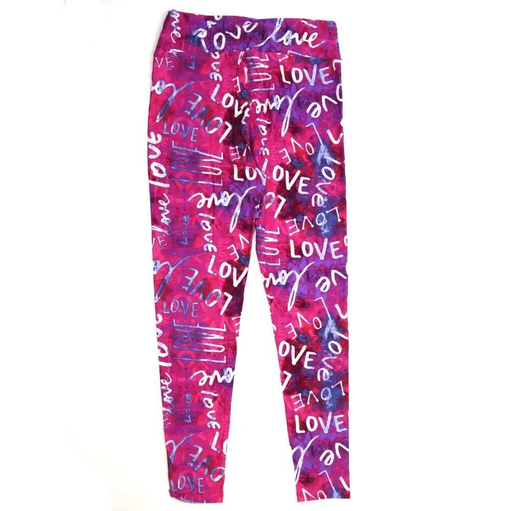 LuLaRoe Tall Curvy TC Tye Dye with Words of LOVE Love love Pink with White and Purple Valentines Buttery Soft Leggings - 694015 TC fits Adult Women sizes 12-18