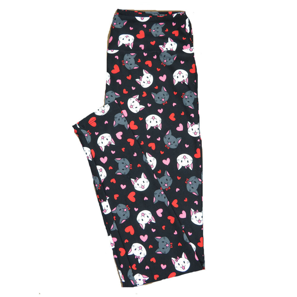 LuLaRoe Tall Curvy TC Valentines Black Smiling Gray White Male Female Cats w/ Bows Red Pink Polka Dot Hearts Buttery Soft Leggings fits Adult Women sizes 12-18  7208-B