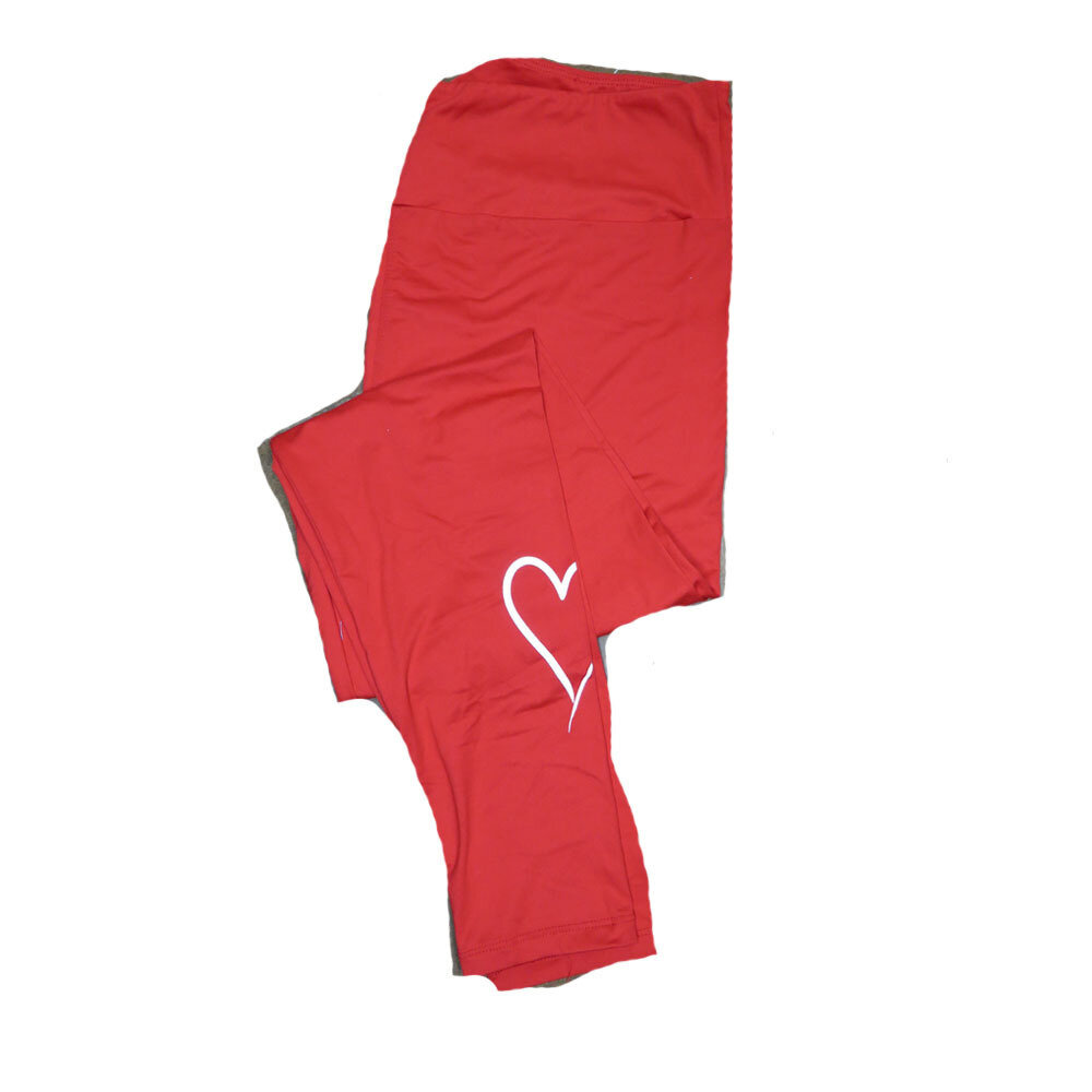 LuLaRoe Tall Curvy TC Solid Red with White Thin Heart on One Leg Valentines Buttery Soft Leggings fits Adult Women sizes 12-18