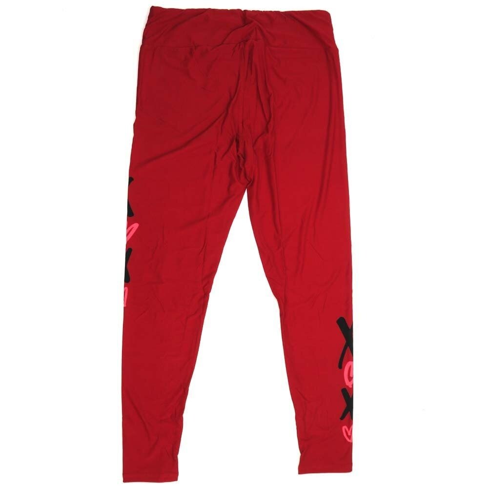 LuLaRoe Tall Curvy TC Solid Dark Red with Black X&#39;s and Pink Hearts on Left Outer Calf and Right Outer Thigh Valentines Buttery Soft Leggings 656417 TC fits Adult Women sizes 12-18