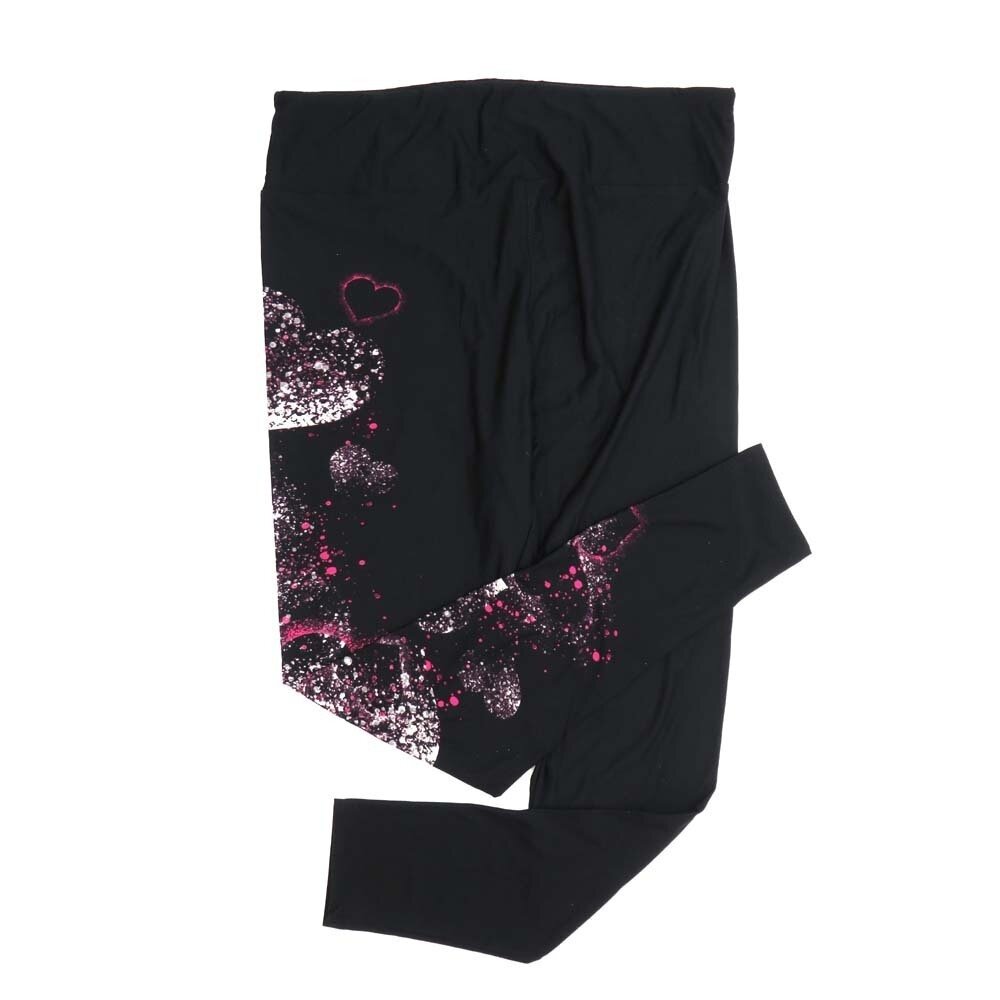 LuLaRoe Tall Curvy TC Solid Black with Pink Airbrushed Speckled Hearts on the Right Leg Only Buttery Soft Leggings 766407 fits Adult Women sizes 12-18