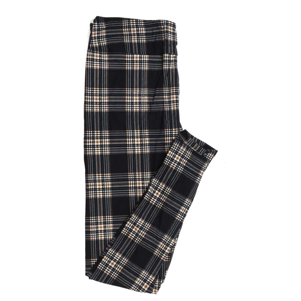 LuLaRoe Tall Curvy TC Classic Thin Stripe Plaid Black with White Tan and Biege Buttery Soft Leggings fits Adult Women sizes 12-18 366137