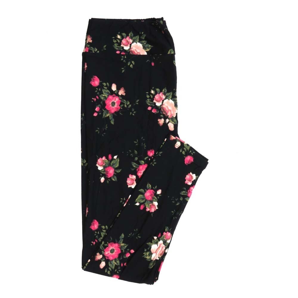 LuLaRoe Tall Curvy TC Roses Black with Pink white and Green Buttery Soft Leggings fits Adult Women sizes 12-18 383026