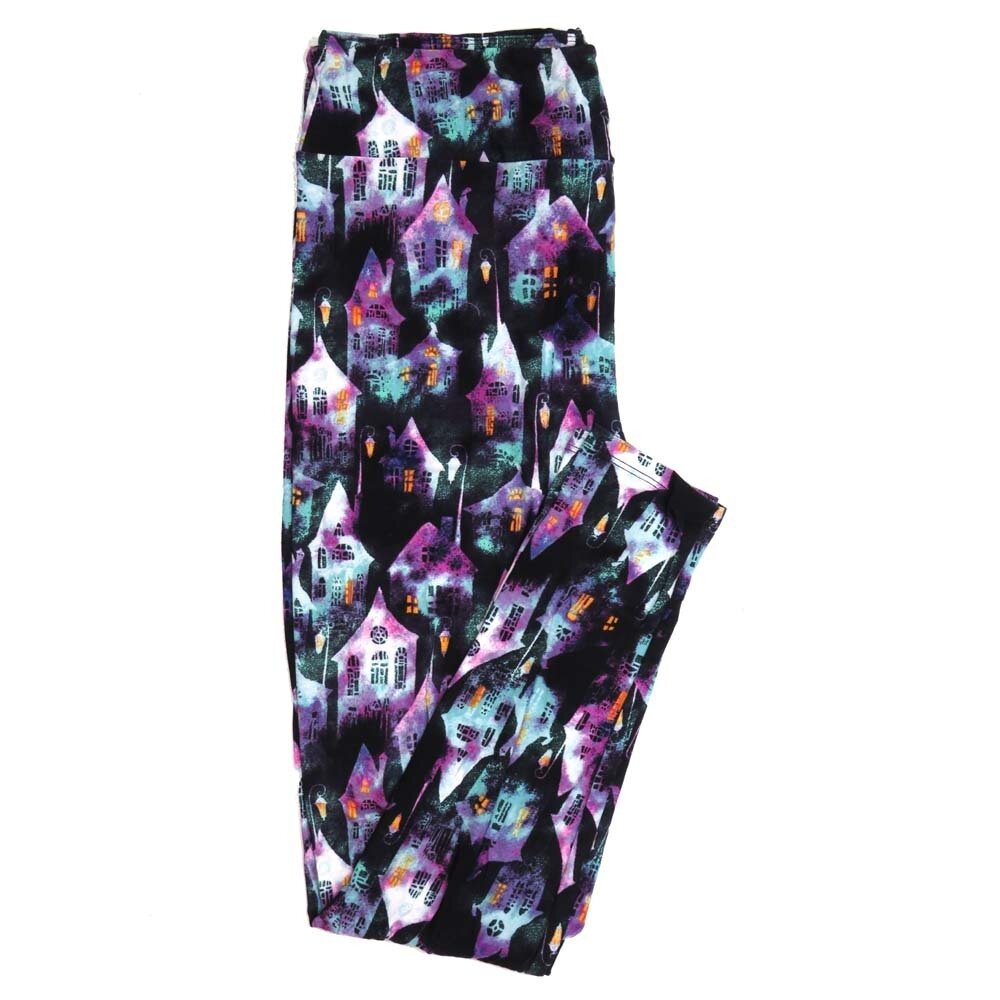 LuLaRoe Tall Curvy TC Halloween Haunted House Mansion Old Church Black White Blue Yellow  Womens Buttery Soft Leggings fits Adults 12-18 919273