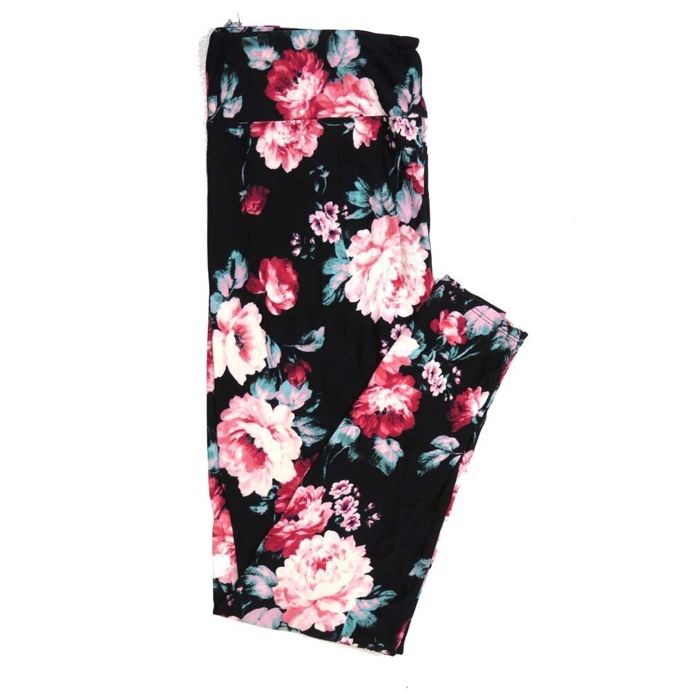 LuLaRoe Tall Curvy TC Roses Black with Pink White and Mint Green Buttery Soft Leggings fits Adult Women sizes 12-18 490921