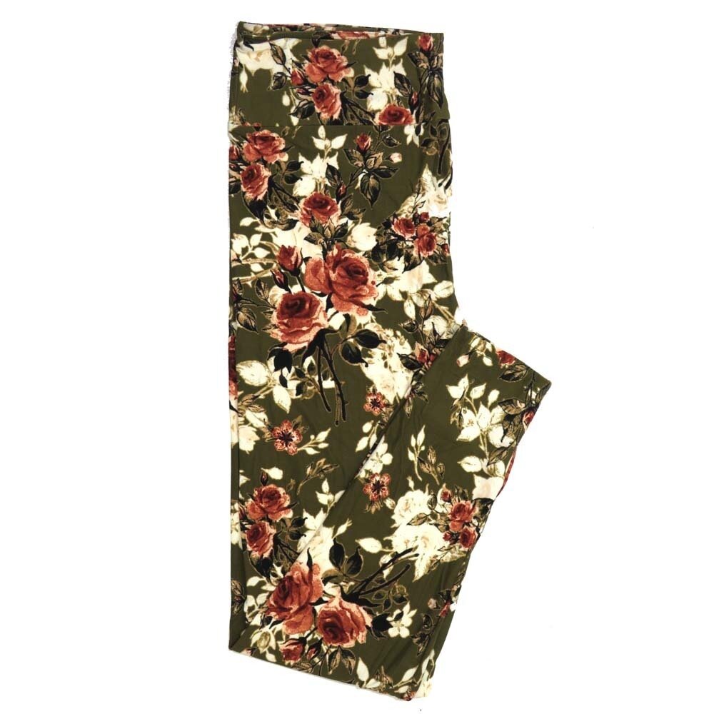 LuLaRoe Tall Curvy TC Roses Olive Green with White Pink and Maroon Buttery Soft Leggings fits Adult Women sizes 12-18   407828