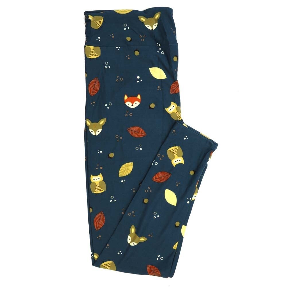 LuLaRoe Tall Curvy TC Forest Animals Foxes Owls Acorns Leaves Slate Blue Brown White Black Orange and Yellow with Polka Dots Buttery Soft Leggings fits Adult Women sizes 12-18   342333