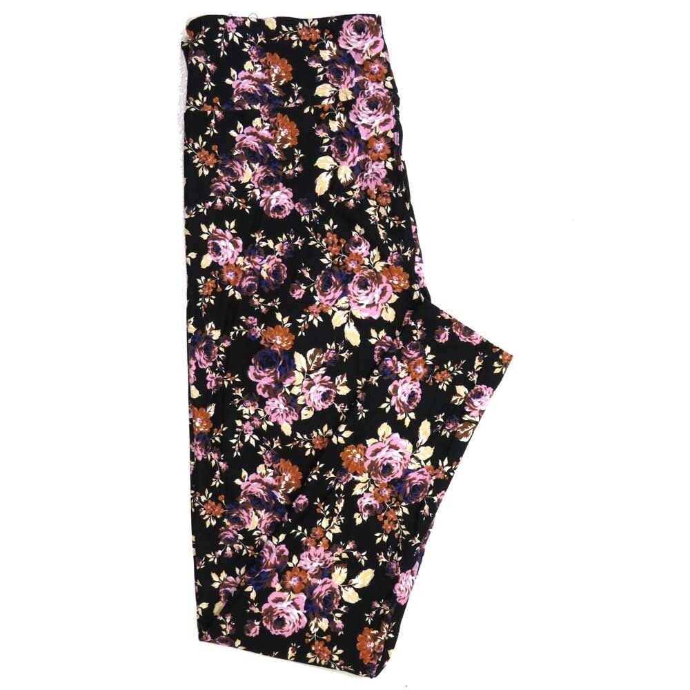 LuLaRoe Tall Curvy TC Roses Black with Yellow Brown Purple and Pink Buttery Soft Leggings fits Adult Women sizes 12-18   483024