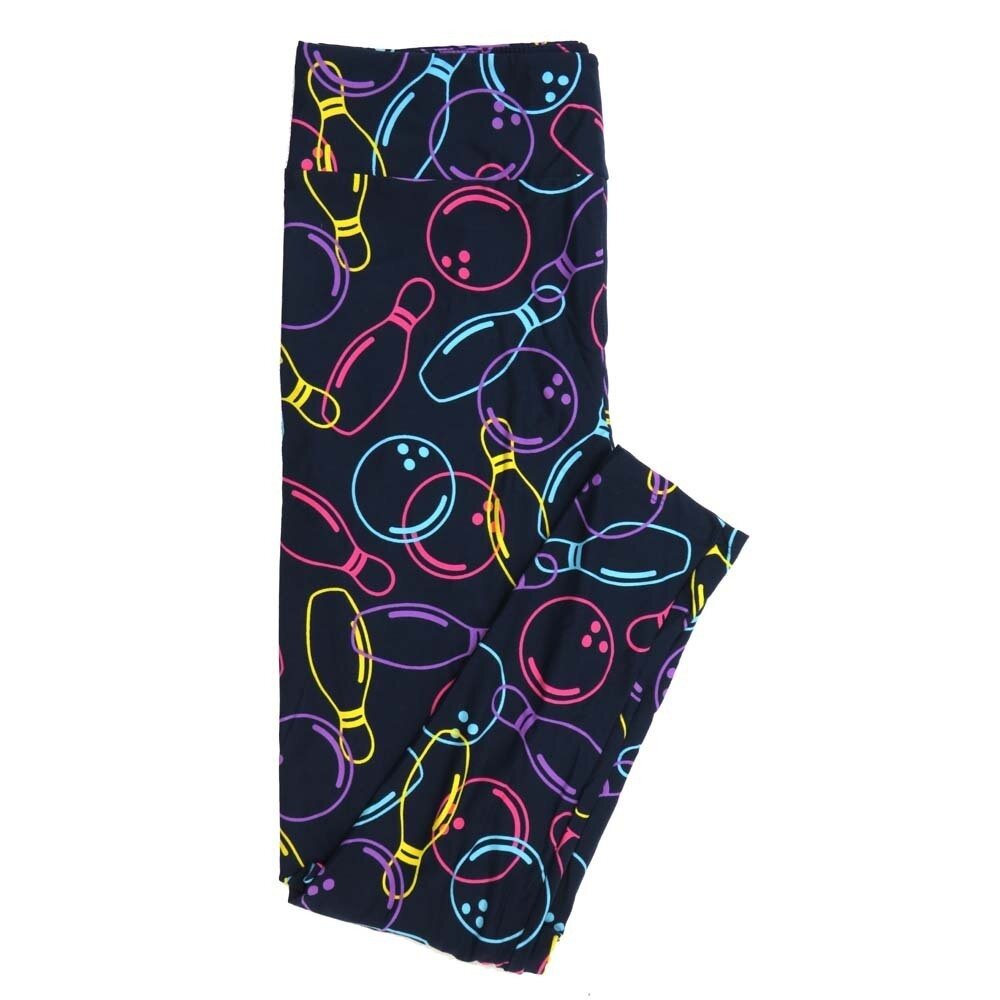 LuLaRoe Tall Curvy TC Bowling Balls and Pins Navy Blue with Pink Turqoise Purple and Yellow Buttery Soft Leggings fits Adult Women sizes 12-18   988573