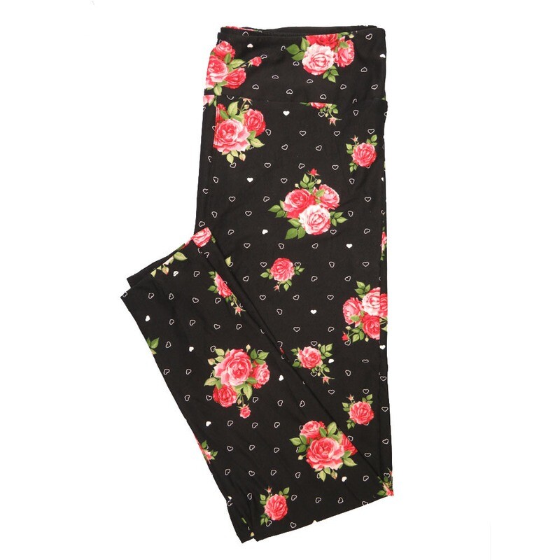 LuLaRoe Tall Curvy TC Roses Polka Dot Hearts Black Pink White Valentines Buttery Soft Leggings fits Adult Women sizes 12-18