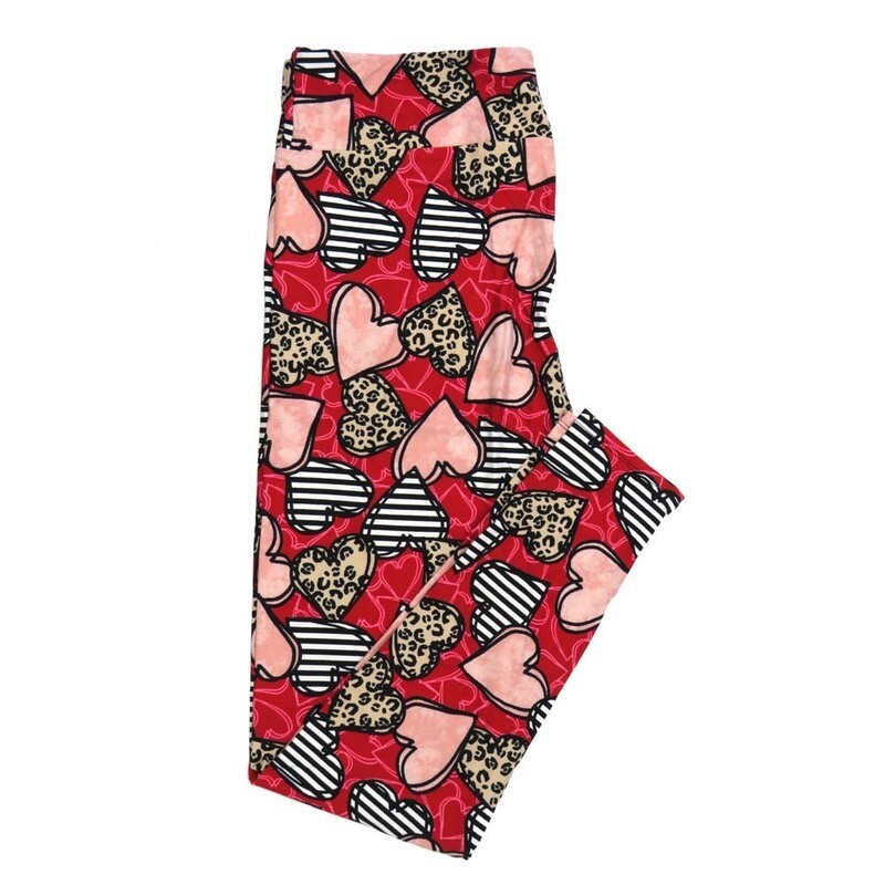 LuLaRoe Tall Curvy TC Valentines Hearts Striped Cheetah Print Red Black Pink white Leggings fits Adult sizes 12-18  7404-C