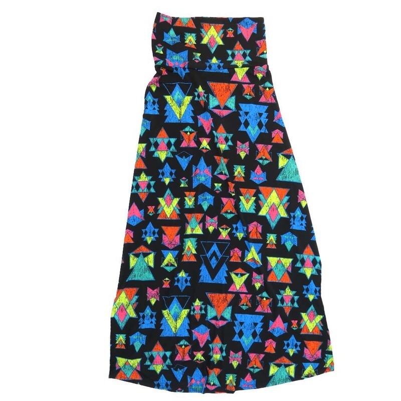 LuLaRoe Maxi b X-Small XS Trippy 70s Psychedelic Traingles Black Blue Yellow Red Chevrons A-Line Flowy Skirt fits Adult Women sizes 2-4  XS-226-B