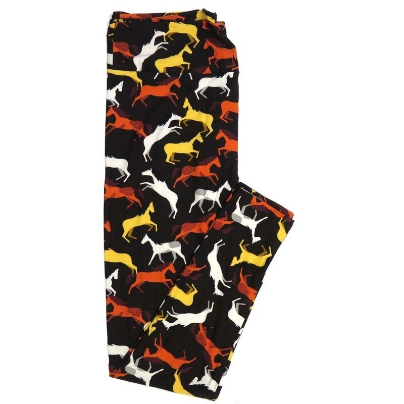 LuLaRoe Tall Curvy TC Galloping Horses Prancing Playing Black with White Gray Yellow Orange and Maroon Buttery Soft Leggings fits Adult Women sizes 12-18   359230