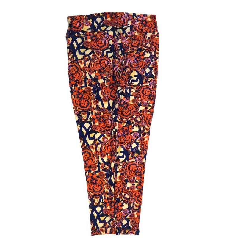 LuLaRoe Tall Curvy TC Paisley Fleur de Lis Blue Orange Cream Buttery Soft Leggings fits Adult Women sizes 12-18  7074-S