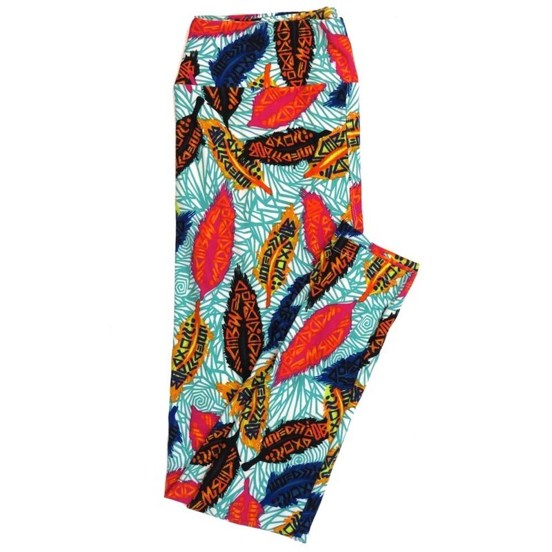 LuLaRoe Tall Curvy TC Feathers White Teal Orange Blue Buttery Soft Leggings fits Adult Women sizes 12-18  TC-7221-C