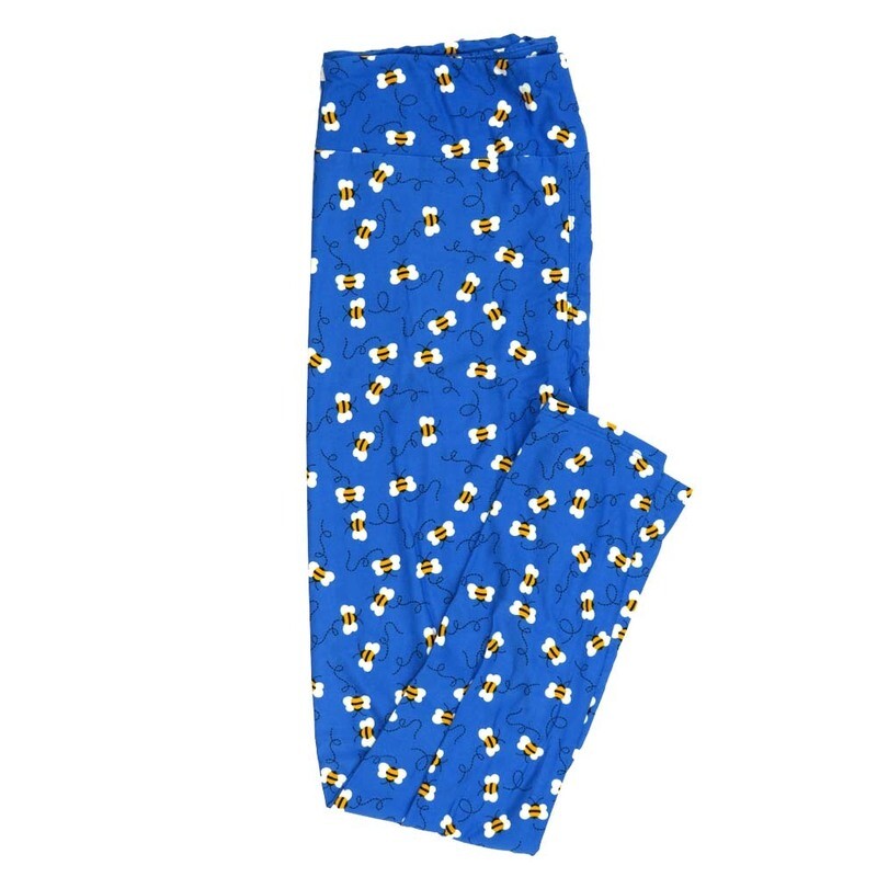 LuLaRoe Tall Curvy TC Flying Bumble Bees Blue White Black Yellow Leggings fits Adult Women sizes 12-18 7401-ZA