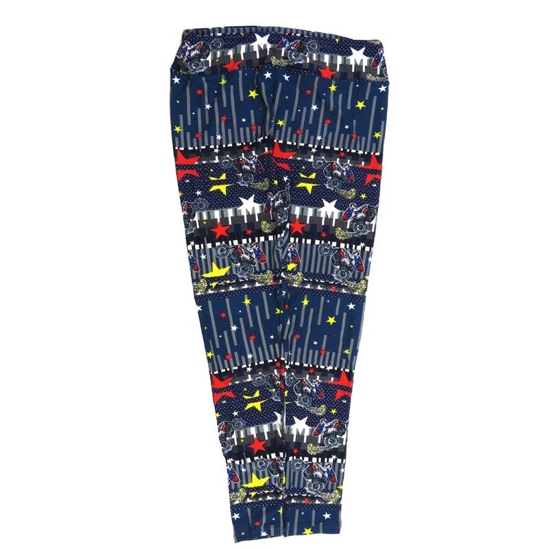 LuLaRoe Tall Curvy TC Americana USA Motorcycle Wheelie Stars Stripes Blue Red White Black Yellow Buttery Soft Leggings fits Adult Women sizes 12-18  7072-U9