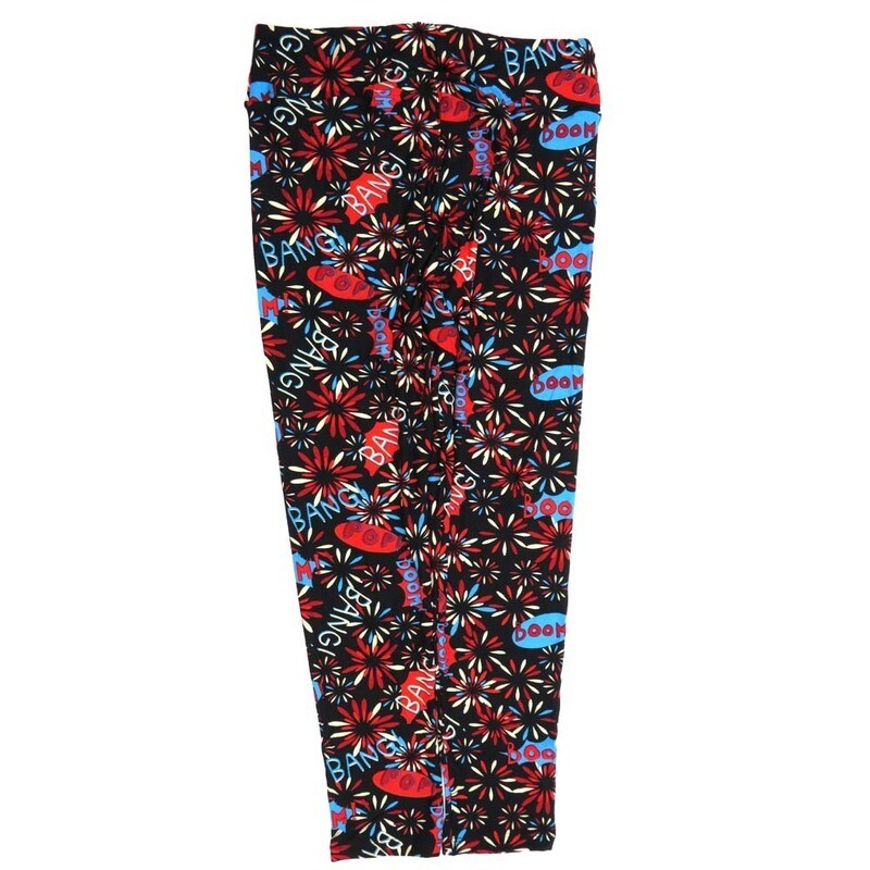LuLaRoe Tall Curvy TC Americana USA Fireworks BAND BOOM POP Black Red Blue White Yellow Buttery Soft Leggings fits Adult Women sizes 12-18  7073-B