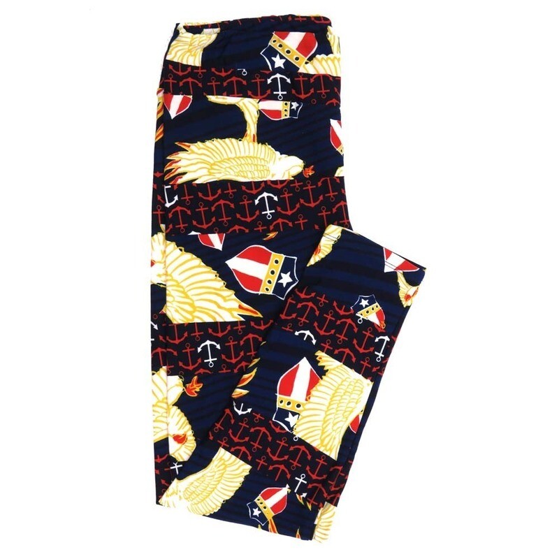 LuLaRoe Tall Curvy TC Americana USA Anchors Eagle Wings Shield Yellow Red White Buttery Soft Leggings fits Adult Women sizes 12-18   TC-7353-T