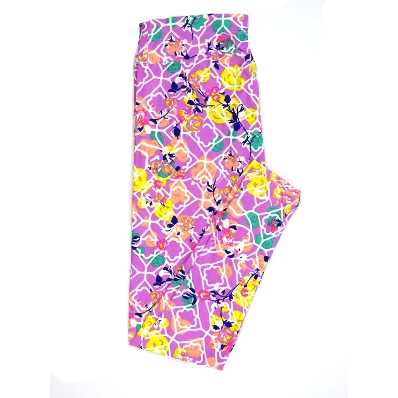 LuLaRoe Tall Curvy TC Floral Geometric Blue White Yellow Leggings fits Adult Women sizes 12-18 7079-L