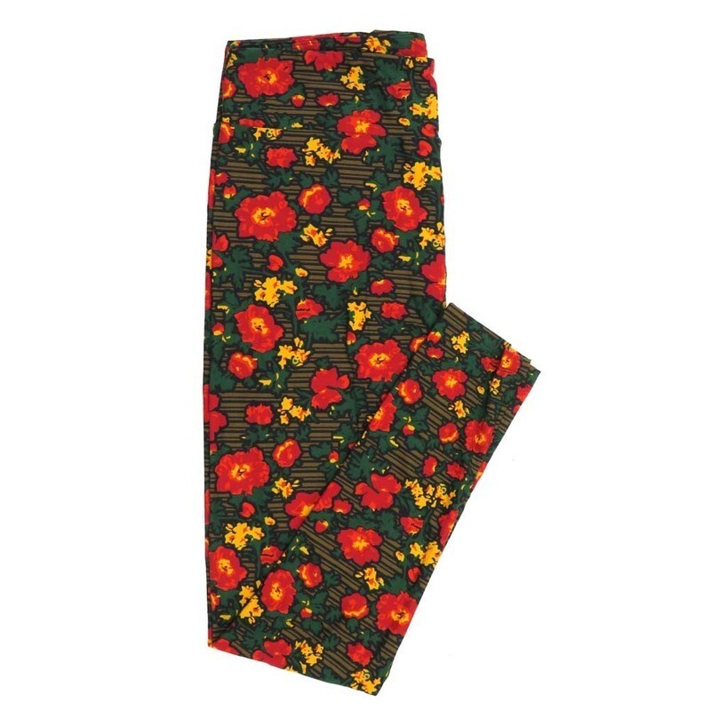 LuLaRoe Tall Curvy TC Floral Stripe Green Red Black TC-7066-H Buttery Soft Leggings fits Adult Women sizes 12-18