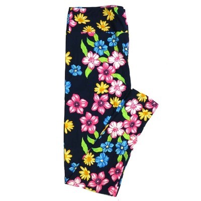 LuLaRoe Tall Curvy TC Hibiscus Blooms Flowers Navy Blue with White Pink and Neon Green Buttery Soft Leggings fits Adult Women sizes 12-18 957872