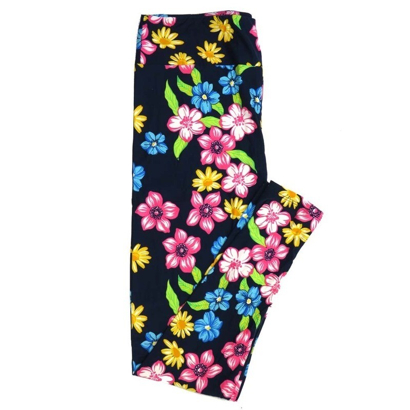 LuLaRoe Tall Curvy TC Hibiscus Blooms Flowers Navy Blue with White Pink and Neon Green Buttery Soft Leggings fits Adult Women sizes 12-18   957872