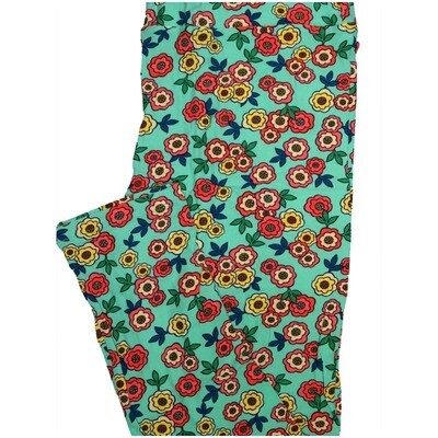 LuLaRoe Tall Curvy TC Light Teal Coral Yellow Floral Buttery Soft Leggings fits Adult Women sizes 12-18