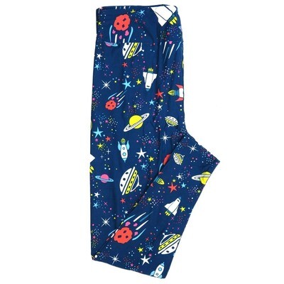 LuLaRoe Tall Curvy TC Spaceships UFO Rockets Asteroids Stars Galaxies Slate Blue with White Pink Turquoise and Yellow Polka Dots Buttery Soft Leggings fits Adult Women sizes 12-18 892387