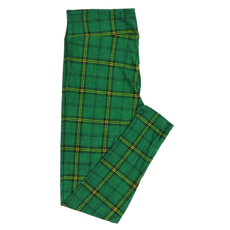 LuLaRoe Tall Curvy TC Lucky Irish St Patricks Plaid Stripes Dark Green Gold Leggings fits Adult Women sizes 12-18  7409-C-621625