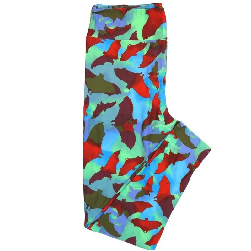 LuLaRoe Tall Curvy (TC) Halloween Bats Flying Red Green Blue Purple Buttery Soft Leggings 7083-A18 fits Adult Women sizes 12-18