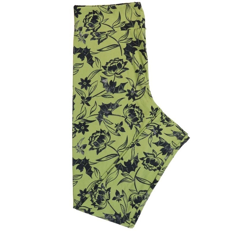 LuLaRoe Tall Curvy (TC) Halloween Bats Peonies Floral Hunter Green Black Buttery Soft Leggings 7082-A16 fits Adult Women sizes 12-18