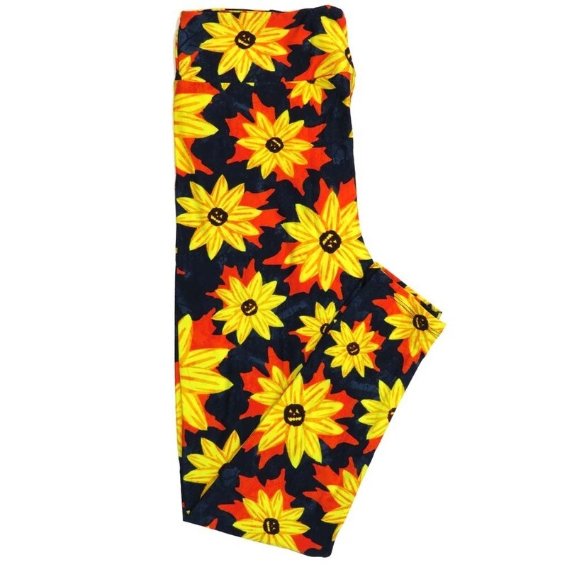 LuLaRoe Tall Curvy (TC) Halloween Pumpkin Jack-O-Lantern Floral Black Orange Yellow Buttery Soft Leggings 7085-B13 fits Adult Women sizes 12-18