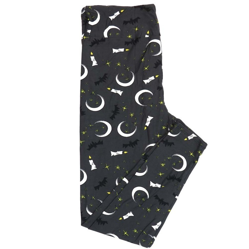 LuLaRoe Tall Curvy (TC) Halloween Crescent Moon Bats Candles Dark Gray Black White Yellow Buttery Soft Leggings 7084-B17 fits Adult Women sizes 12-18