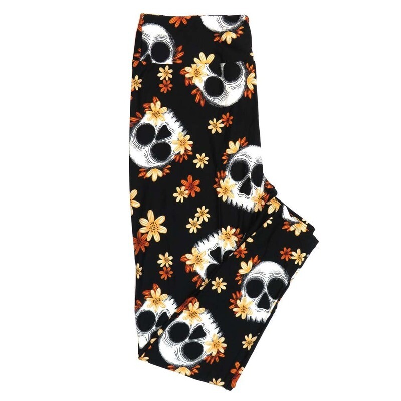 LuLaRoe Tall Curvy (TC) Halloween Skulls Floral Black White Orange Green Buttery Soft Leggings 7093-A18 fits Adult Women sizes 12-18