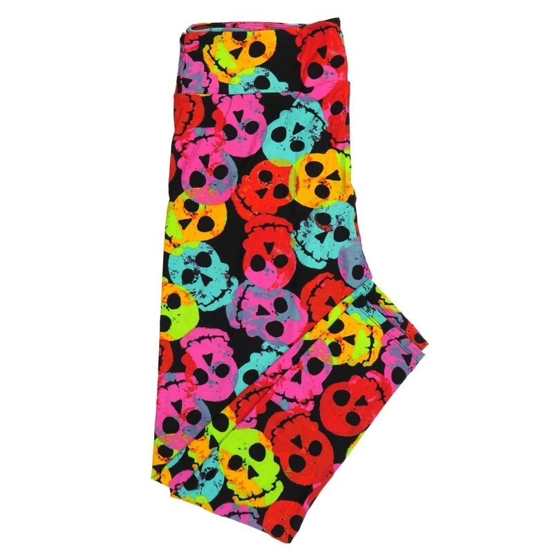 LuLaRoe Tall Curvy (TC) Halloween Skulls Black Blue Green Yellow Buttery Soft Leggings 7088-A15 fits Adult Women sizes 12-18