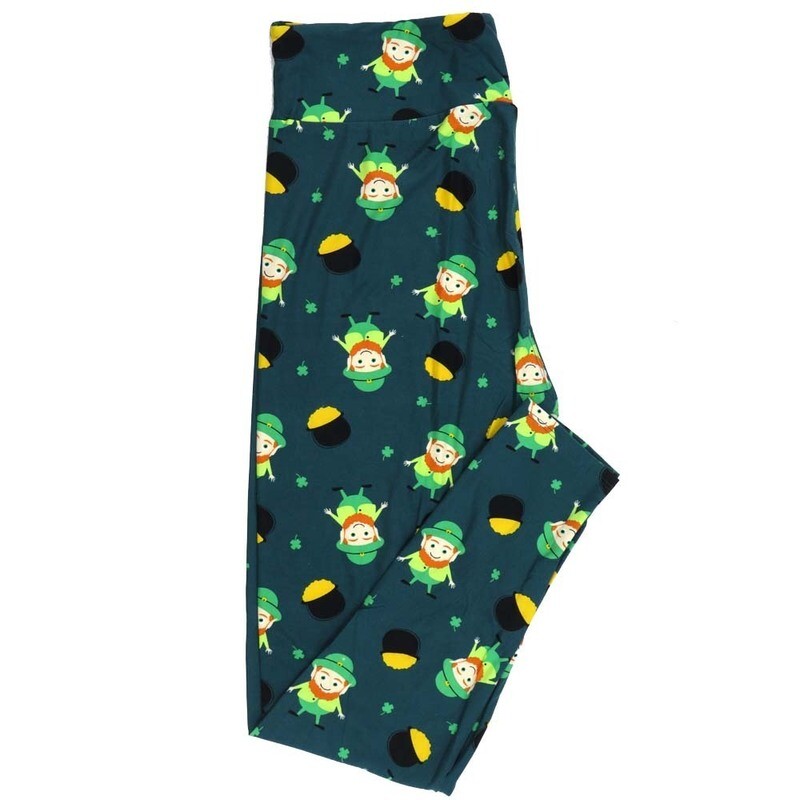 LuLaRoe Tall Curvy TC Lucky Irish St Patricks Leprechauns Pot of Gold Shamrocks Dark Turquoise Green Gold Black Leggings fits Adult Women sizes 12-18  7411-C-535439