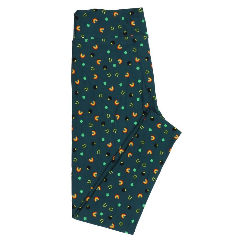 LuLaRoe Tall Curvy TC Lucky Irish St Patricks Pot of Gold Rainbows Shamrocks Dark Turquoise Green Gold Black Leggings fits Adult Women sizes 12-18  7411-D-597831
