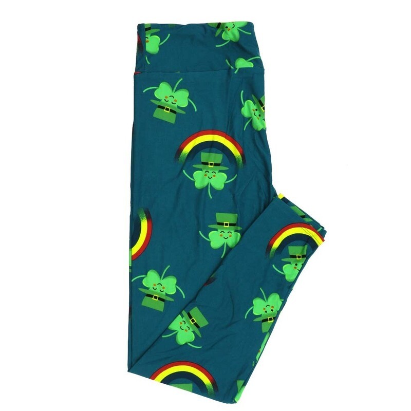 LuLaRoe Tall Curvy TC Lucky Irish St Patricks Shamrocks Rainbows Dark Turquoise Green Black Yellow Red Leggings fits Adult Women sizes 12-18  7409-D-542336