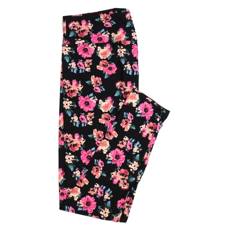 LuLaRoe Tall Curvy TC Roses and Assorted Flowers Black with Salmon Pink and Green Buttery Soft Leggings fits Adult Women sizes 12-18   964779