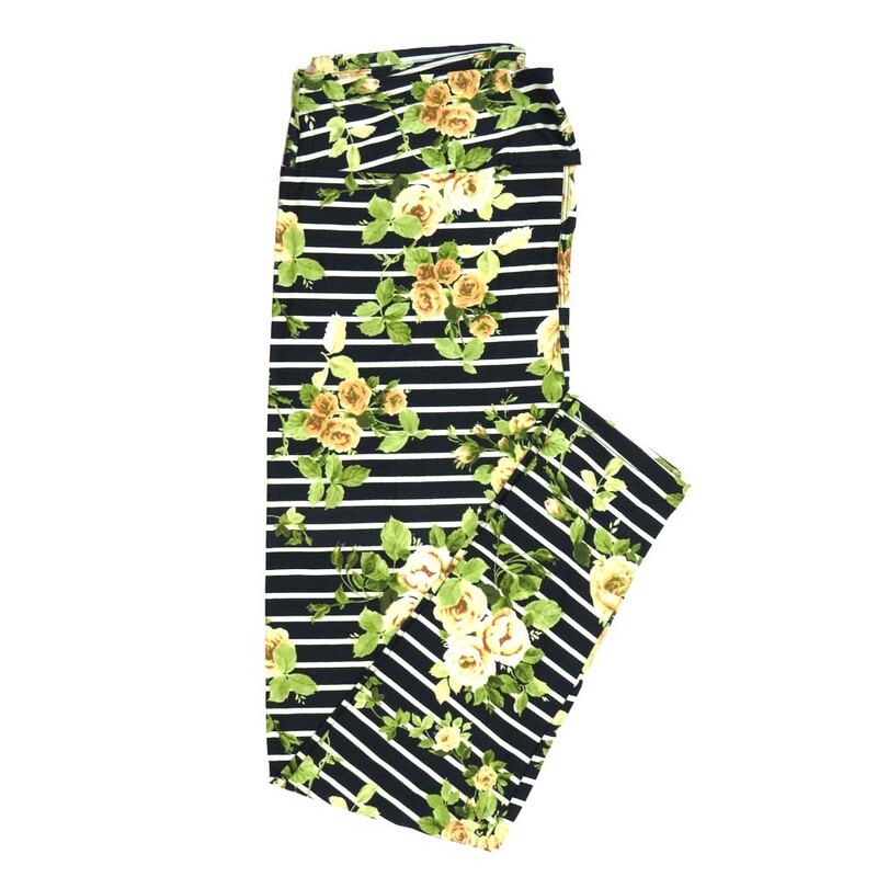 LuLaRoe Tall Curvy TC Roses Stripe Black White Green Pink Gray Leggings fits Adult Women sizes 12-18 7420-A30