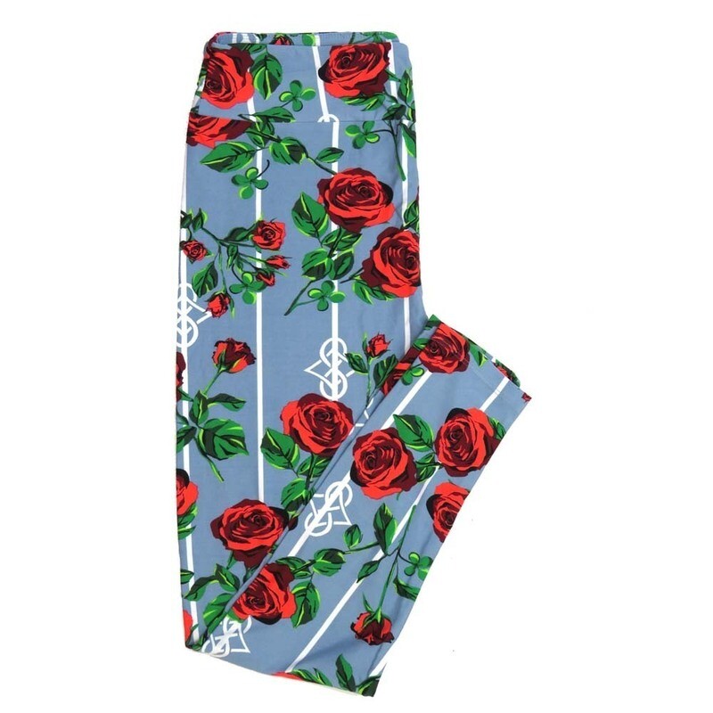 LuLaRoe Tall Curvy TC Roses Stripe Blue Red White Green TC-7065-F Buttery Soft Leggings fits Adult Women sizes 12-18