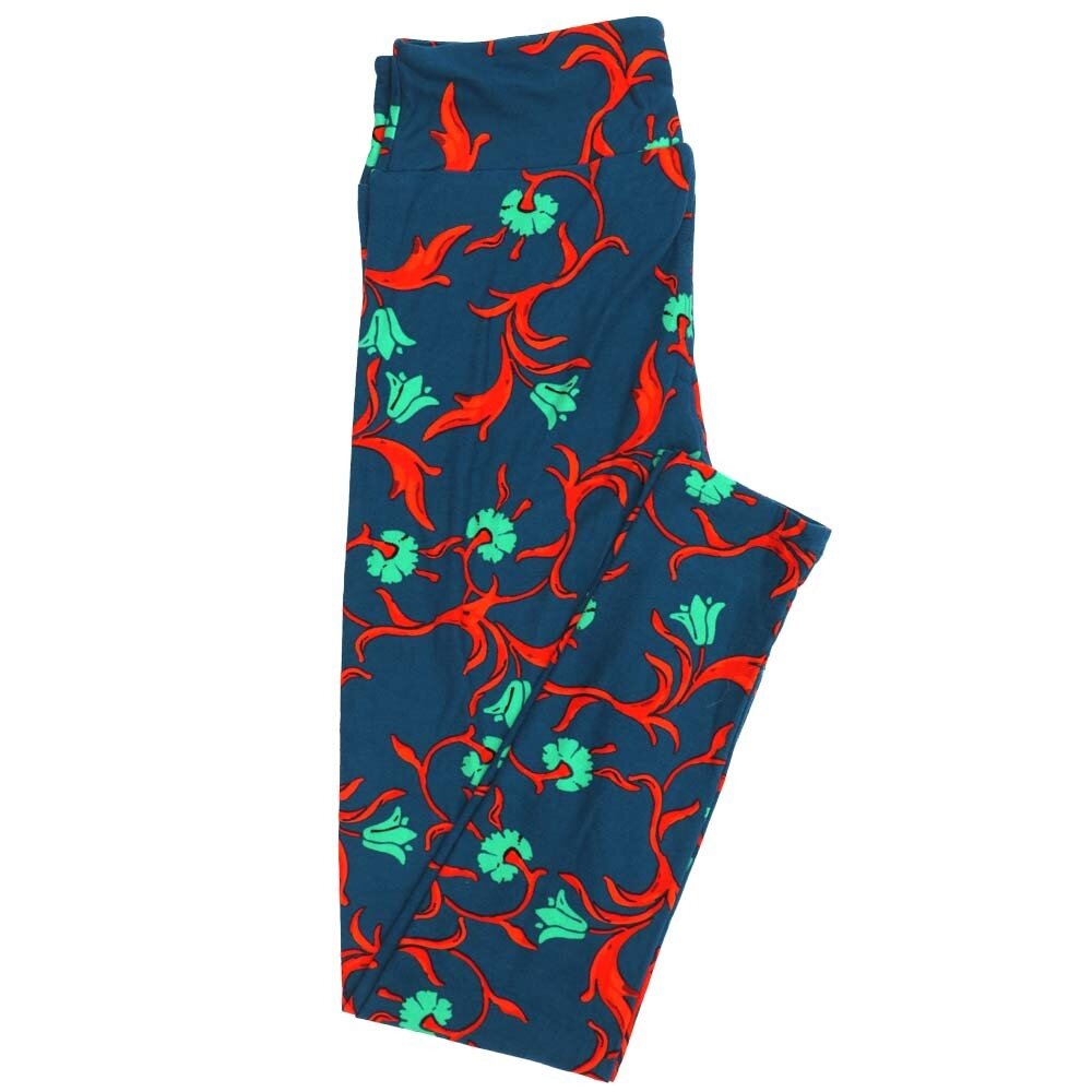 LuLaRoe One Size OS Floral Slate Blue Red Leggings fits Adult sizes 2-10 for Women OS-4407-J